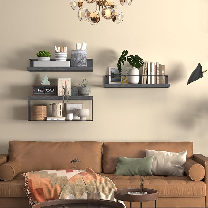 Bathroom Shelves Over Toilet for Wall, Floating Shelves with Storage Basket Paper Holer for Kitchen Living Room, Bedroom & Classroom, Set of 3 (Grey)