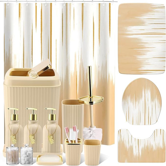 32PCS Bathroom Sets with Shower Curtain and Rugs-Beige Bathroom Accessories,Non Slip Bathroom Rugs Set with Toilet Lid Cover, Waterproof Shower Curtain, 3PC Soap Dispenser with Trash Can