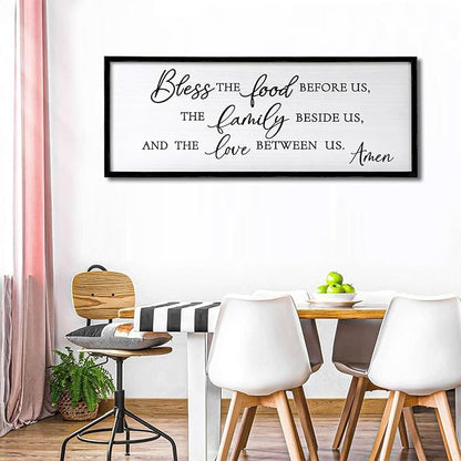 Bless the Food Before Us, the Family Beside Us, and the Love between us Framed Wall Art for Christian God Jesus Christ Prayer, 32''×12'' Positive Holy Religious Rustic Bible Verse for Dining Room