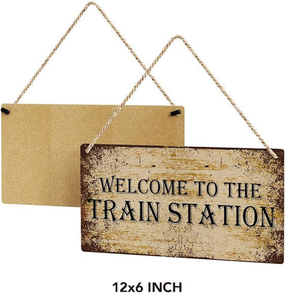 SENJIAN Rustic Train Station Wood Decor Sign, Retro Welcome to the Train Station Printed Wood Sign Wall Art, Hanging Door Sign, Decorative Wood Sign Home Decor 12" x 6"