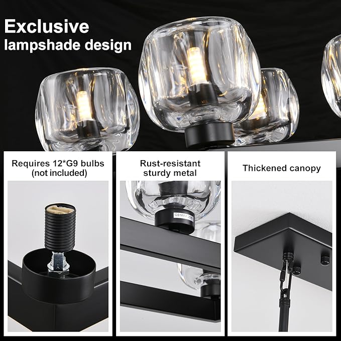 59 Inch Black Rectangle Wagon Wheel Chandeliers, Black Chandelier for Dining Room Over Table, Modern Crystal Long Chandelier, Farmhouse Large Linear Chandeliers for Kitchen Island