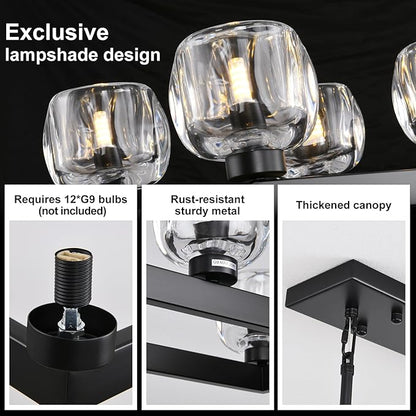 59 Inch Black Rectangle Wagon Wheel Chandeliers, Black Chandelier for Dining Room Over Table, Modern Crystal Long Chandelier, Farmhouse Large Linear Chandeliers for Kitchen Island