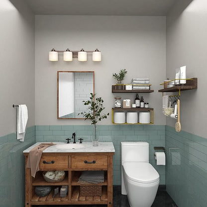 Bathroom Shelves Over Toilet for Wall, Floating Shelves with Storage Basket Paper Holer for Kitchen Living Room, Bedroom & Classroom, Set of 3 (Brown and Gold)