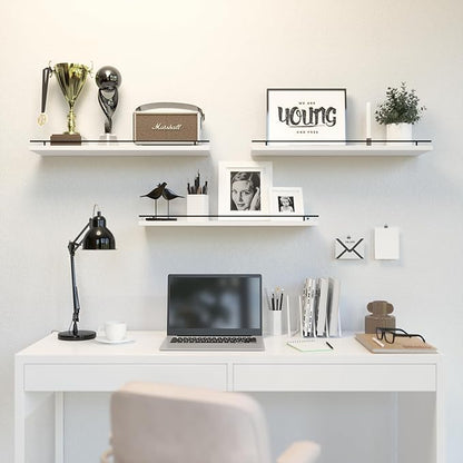 WOPITUES Floating Shelves 24 inch with Gold Metal Guardrail, Shelves for Wall Decor Set of 3, Wall Shelves for Bedroom, Bathroom, Kitchen, Living Room, Plants, Picture Frames, Art- Black and White