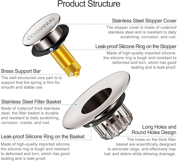 Bathtub Stopper | Pop-up Tub Stopper with Strainer, Shower Drain Hair Catcher | Bathroom Drain Plug | Drain Protector for 1-1/2 to 1-3/4" Bath Drain Hole