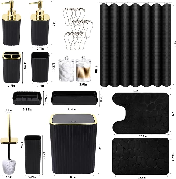 Bathroom Set with Shower Curtain and Rugs- 25PC Bathroom Accessory Set, Black Shower Curtain Set, Toilet Brush, Trash Can, Qtip Holder Dispenser & Soap Dispenser