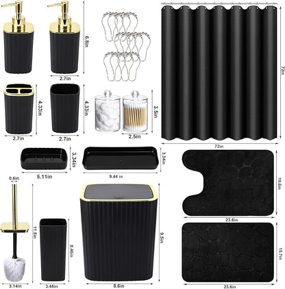 Bathroom Set with Shower Curtain and Rugs- 25PC Bathroom Accessory Set, Black Shower Curtain Set, Toilet Brush, Trash Can, Qtip Holder Dispenser & Soap Dispenser