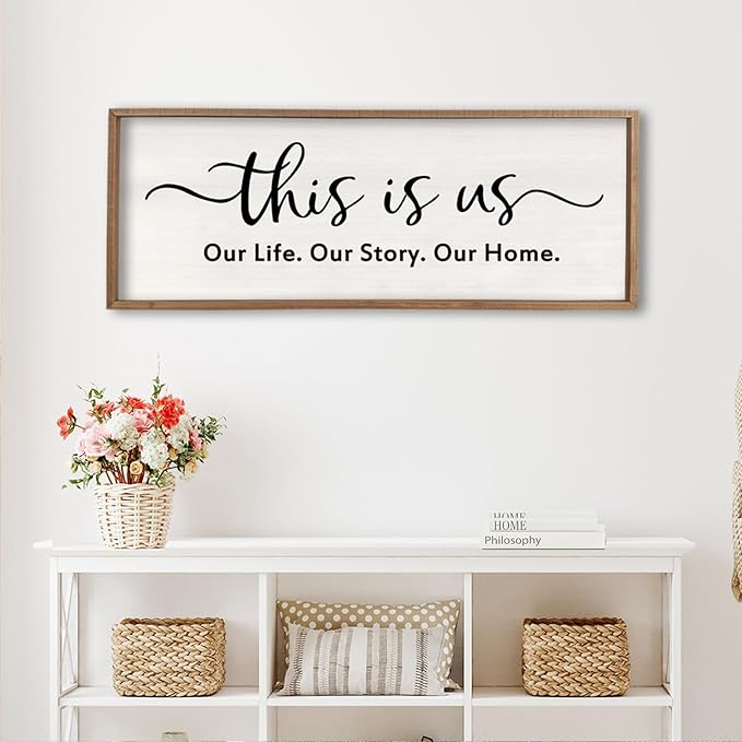This is us Wall Decor Sign 40'' x 15'' Large Master Bedroom Home Life Story Wood Framed Vintage Family Sign Rustic Plaque Living Room Minimalist Farmhouse Hanging Wall Art (Wood)