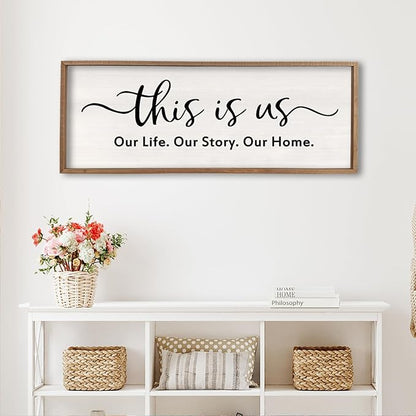 This is us Wall Decor Sign 32'' x 12'' Large Master Bedroom Home Life Story Wood Framed Vintage Family Sign Rustic Plaque Living Room Minimalist Farmhouse Hanging Wall Art (Wood)