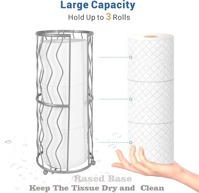 Decorative Metal Standing Toilet Tissue Holder for Bathroom/Powder Room, Compact Tissue Reserve for 3 Rolls of Toilet Paper Grey