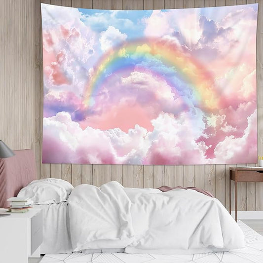 HVEST Rainbow Cloud Tapestry, Polyester Wall Art, Rainbow and Pink Cloud with Glow Sunshine in Pastel Sky, Aesthetic Nature Landscape, Bedroom Living Room Decor, 60x40 Inches