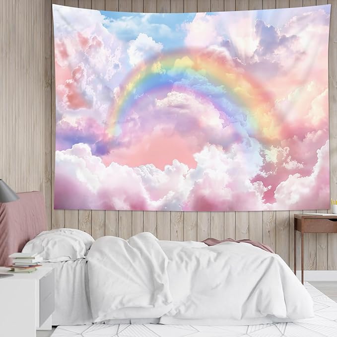 HVEST Rainbow Cloud Tapestry Wall Hanging, Rainbow and Pink Cloud with Glow Sunshine in Pastel Sky Tapestry, Aesthetic Nature Landscape Tapestry for Living Room Bedroom Aesthetic Decor, 36L x 48W Inches
