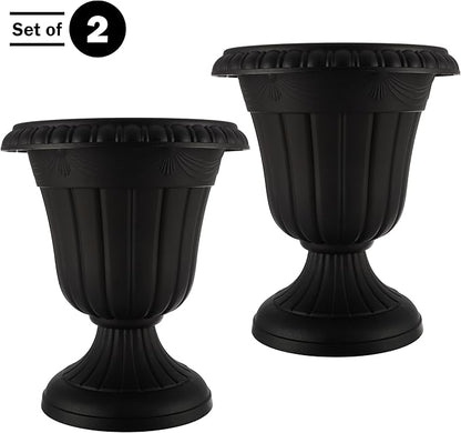 Pure Garden Outdoor Planter 2-Pack - 16x18-Inch Urn Planters - Plastic Plant Pots for Indoor, Outdoor, or Front Porch Decor - Flower Pots (Black)