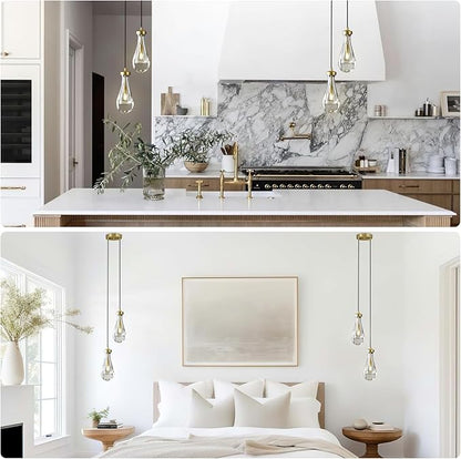 Brass Raindrop Pendant Lights Kitchen Island 2-Light, Cluster Gold Pendant Light Fixture for Bedroom, Dimmable Dining Room Light Fixture Hanging Pendant Lighting Ceiling Chandelier for Foyer