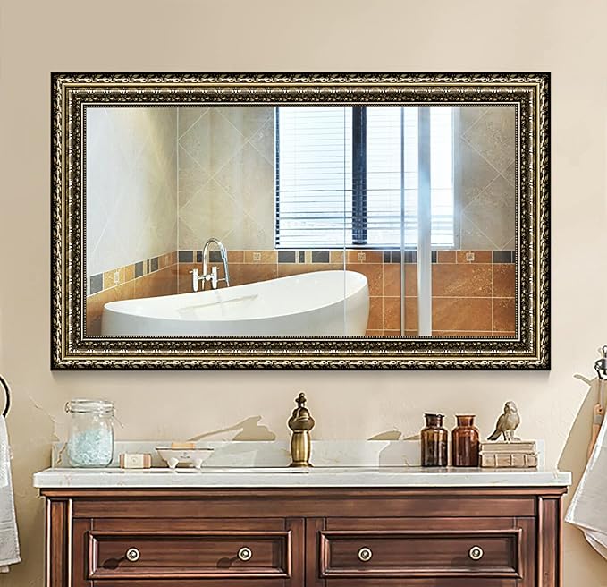 Bathroom Wall Mirror, Decorate Bathroom Mirrors for Wall, Rectangle Modern Bathroom Wall Mounted Mirror Vertical or Horizontal Hanging for Living Room (Gold Framed 40" x24'')