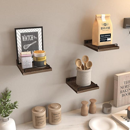 Small Floating Shelf, 6X6 Inches Farmhouse Wall Shelves for Living Room, Bedroom, Picture Frames, Plants, Kitchen, Set of 3 (Brown)