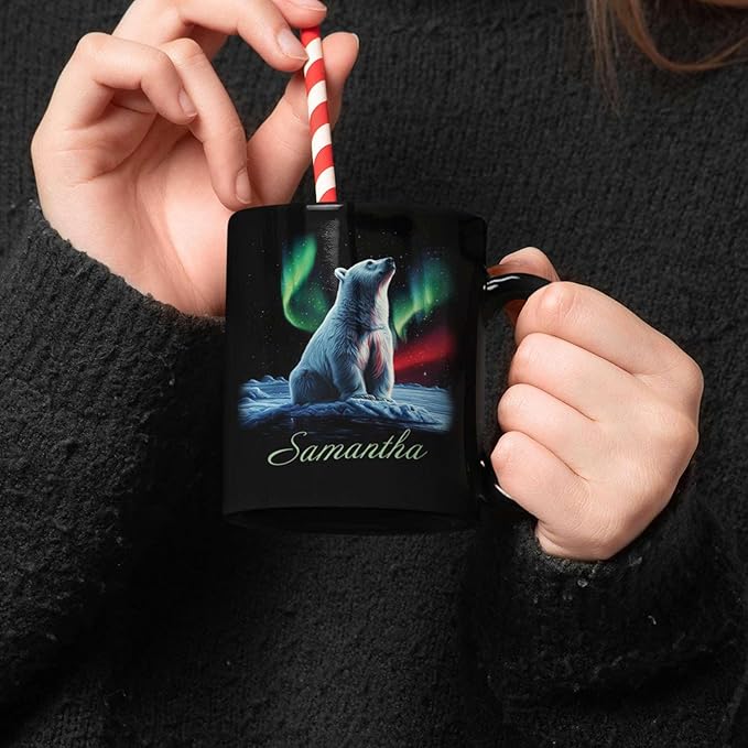 Custom Enchanted Arctic Landscape Design Cup, Customized Name Coffee Mug 11oz 15oz, Personalized Polar Bear And Northern Lights Ceramic Cup, Cute Polar Bear Black Mug, Gift For Her