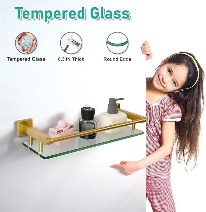 16 Inch Brusheld Gold Bathroom Glass Shelves with Stainless Steel Railing, Tempered Floating Glass Modern Decoration Bathroom Shelf Sink Over Toilet