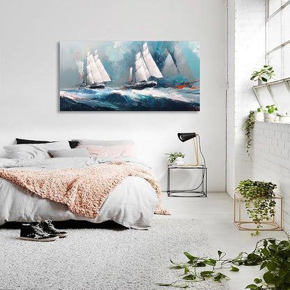 RUISHI Ocean Wall Art For Living Room Abstract Sailboat Canvas Nautical Painting Teal Blue Textured Print Coastal Themed Picture Artwork for Bedroom Bathroom Home Office Decoration 40L x 20W