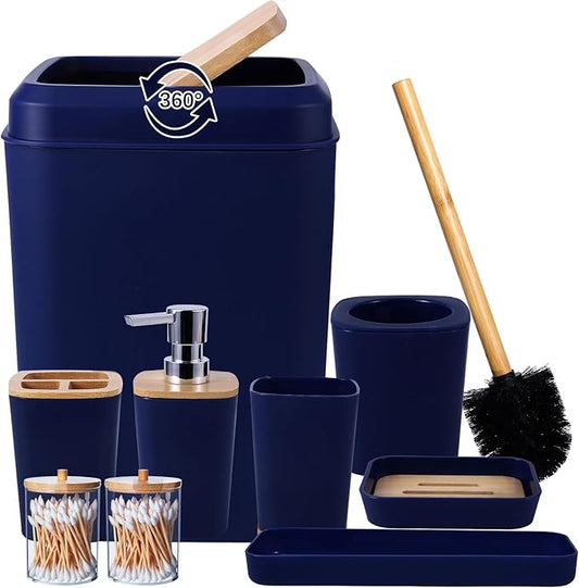 Bathroom Accessories Set, 9 Piece Navy Blue Bathroom Accessory Set with Trash Can,Toothbrush Holder,Toothbrush Cup,Lotion Soap Dispenser,Vanity Tray,Soap Dish,Toilet Brush,Qtip Holder