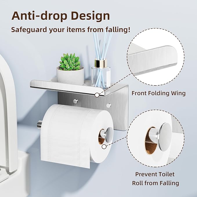 Self-Adhesive Toilet Paper Roll Holder - Wall Mount Or Adhesive Toilet Paper Holder with Shelf,Toilet Roll Holder, Tissue Holder for Bathroom,Wall Toilet Paper Holder, Stainless Steel,Chrome