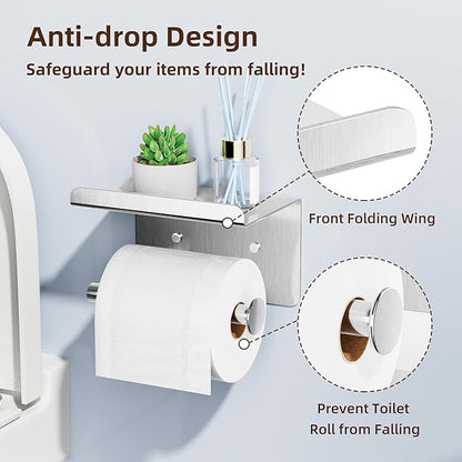 Self-Adhesive Toilet Paper Roll Holder - Wall Mount Or Adhesive Toilet Paper Holder with Shelf,Toilet Roll Holder, Tissue Holder for Bathroom,Wall Toilet Paper Holder, Stainless Steel,Chrome