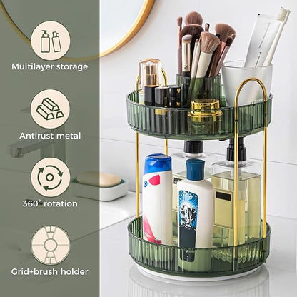 360° Rotating Makeup Organizer, Upgraded 2 Tier Skincare Perfume Organizers for Women, Bathroom Organizer Countertop, Clear Cosmetic Dresser Organizer with Makeup Brush Holder, Sink&Counter (Green)