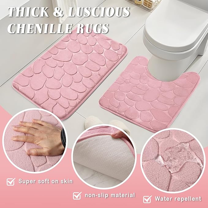 Pink Bathroom Set with Shower Curtain and Rugs- 25PC Bathroom Accessory Set, Pink Shower Curtain Set, Toilet Brush, Trash Can, Qtip Holder Dispenser & Soap Dispenser