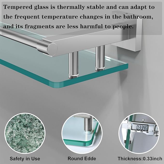 20 Inches Glass Shelf for Bathroom, Brushed Nickel Glass Shelves for Wall with Smooth Stainless Steel Railing, Modern Tempered Glass Organizer Shelf