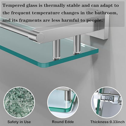 20 Inches Glass Shelf for Bathroom, Brushed Nickel Glass Shelves for Wall with Smooth Stainless Steel Railing, Modern Tempered Glass Organizer Shelf