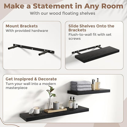40 Inch Floating Shelves for Wall Set of 2, 8"D Wood Grain Bathroom Shelves with Invisible Brackets, Easy Install Engineered Wood Storage Shelves for Kitchen, Living Room, Bedroom, Black Finish
