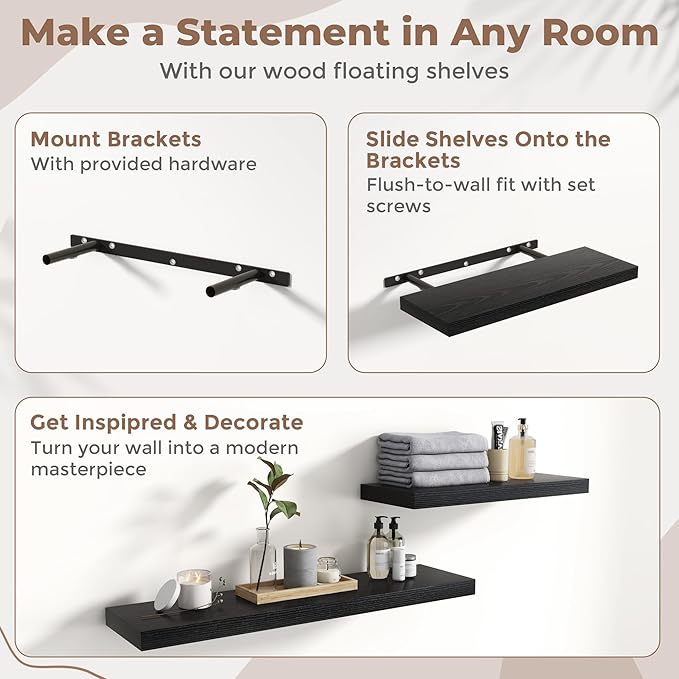 16 Inch Floating Shelves for Wall Set of 2, 8"D Wood Grain Bathroom Shelves with Invisible Brackets, Easy Install Engineered Wood Storage Shelves for Kitchen, Living Room, Bedroom, Black Finish
