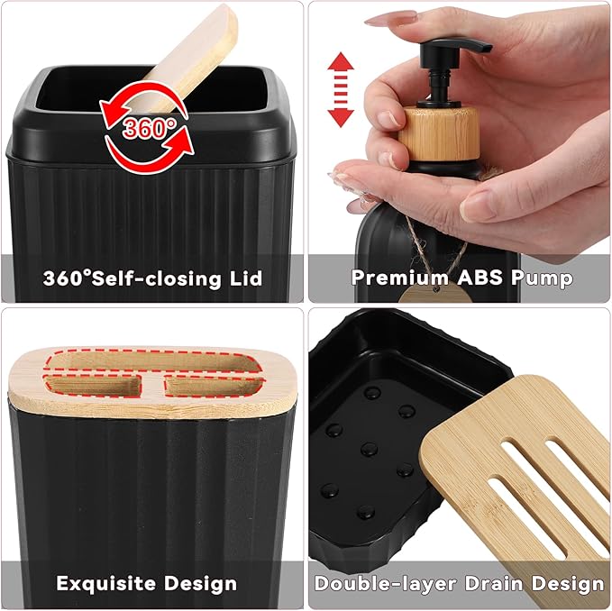 32PCS Bathroom Set Bathroom Accessories with Shower Curtain and Bath Towel,Trash Can,Bathroom Decor,Black Shower Curtain Set,Toilet Brush,Trash Can & 3PCS Soap Dispenser