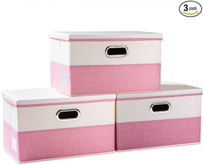 PRANDOM Large Collapsible Storage Bins with Lids [3-Pack] Fabric Foldable Storage Boxes Organizer Containers Baskets Cube with Cover for Home Bedroom Closet Office Pink&Cream(17.7x11.8x11.8)