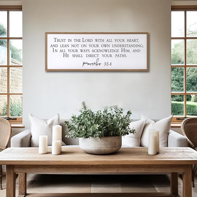 Trust in the Lord With All Your Heart Bible Verse Framed Wall Art, 40''×15'' Rustic Religious Christian Proverbs 3:5-6 Sign, Horizontal Holy Inspirational Catholic Scripture Decor