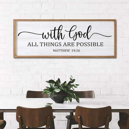 With God All Things are Possible Framed Wall Art, 40''×15'' Natural Religious Rustic Bible Verse for Christian God Jesus Christ Prayer, Holy Positive Horizontal Inspirational Catholic Scripture Decor