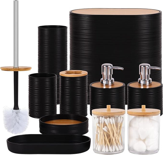 Bathroom Accessory Set,10 PCS Black Bathroom Accessories Set with Trash Can, Toothbrush Holder, Soap Dispenser, Toothbrush Cup, Vanity Tray, Soap Dish, Toilet Brush, Qtip Holders