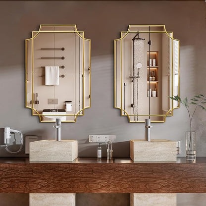 Gold Mirror for Wall, 36x24 Gold Wood Framed, Scalloped Beveled Polished Rectangle Mirror, Large Decorative Mirrors for Wall Decor, Irregular Mirror for Living Room, Bathroom Vanity, Entryway