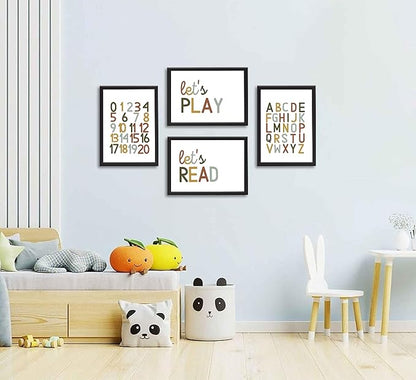 4 Pcs Boho Playroom Canvas Wall Art Nursery Toddler Educational Let's Read Let's Play Painting Pictures Wall Decor Posters Print Artwork for Girl Boy Childs Room Classroom Home Decoration Unframed