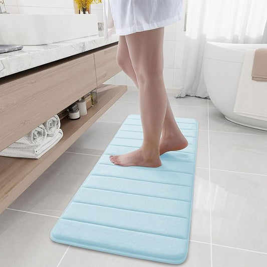 Buganda Memory Foam Bath Mat, 47" x 17", Ultra Soft and Non-Slip Bathroom Rugs, Water Absorbent and Machine Washable Bath Rug Runner for Bathroom, Shower, and Tub, Light Blue