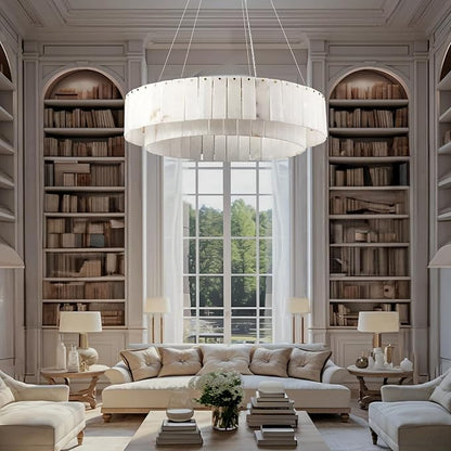 Alabaster Round Chandelier, D31in Modern Dining Room Chandeliers, Marble Pendant Lights Kitchen Island, Drum Chandelier for Dining Room Light Fixture, Living Room, Bedroom Lights, Foyer, Kitchen