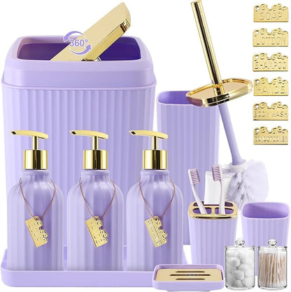 17PCS Bathroom Accessory Set Bathroom Set Purple Bathroom Accessories,Toilet Brush, Trash Can, Qtip Holder Dispenser& 3PCS Soap Dispenser