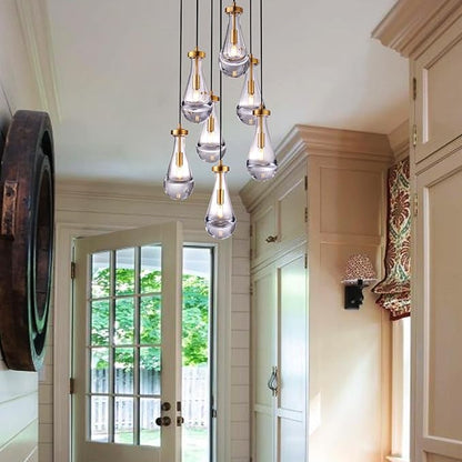 7 Light Raindrop Chandeliers, Brass Teardrop Cluster Pendant Lights Kitchen Island, Gold Dining Room Chandeliers Over Table Hanging Pendant Lighting for High Ceiling, Entryway Staircase