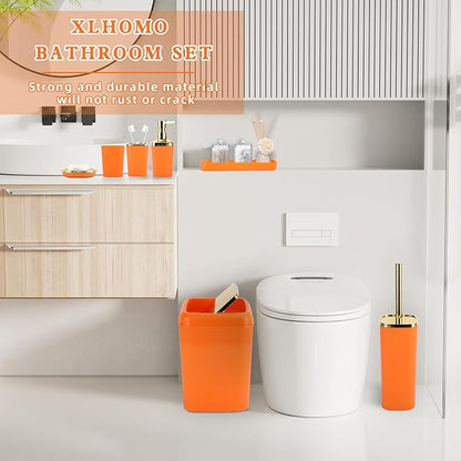 Orange Bathroom Accessories Set, Orange and Gold Bathroom Accessories with Trash Can, Soap Dispenser, Soap Dish, Toothbrush Holder and Q-tip Holders