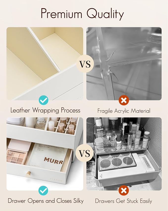 Vlando Makeup Organzier,Vanity Organizer with Drawers, PU Leather Skincare Organizer Perfume Organizer,Large Cosmetic Display Case for Lipstick,Brushes Gifts for Women-White