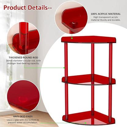 3 Tier Countertop Corner Organizer Shelf 7x7x15.7 Inch, Red Countertop Acrylic Bathroom Corner Shelf, Vanity Storage Organizer for Cosmetics, Toiletries