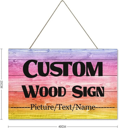 Custom Wood Sign With Hanging String, Personalized Wooden Name With Text Logo Photo, 20 Fonts, 100 Colors, Design Your Welcome for Front Door, Farmhouse 15.7x9.8 Inch