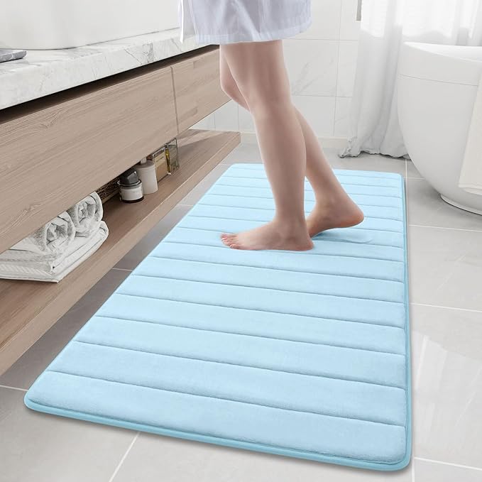 Buganda Memory Foam Bath Mat, 60" x 24", Ultra Soft and Non-Slip Bathroom Rugs, Water Absorbent and Machine Washable Bath Rug Runner for Bathroom, Shower, and Tub, Light Blue