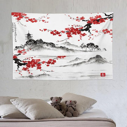 Cherry Blossoms Tapestry, Japanese Fuji Mountain Tapestry, Asian Japanese Wall Tapestry, Nature Landscape Tapestries for Bedroom Living Room Decor 60"x40"