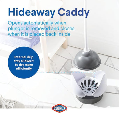 Clorox Toilet Plunger with Hideaway Holder Caddy Heavy-Duty Compact Design with Non-Skid Rubber Base for Bathroom Convenient Storage Toilet Unclogger, 6.5x19.5-Inch, White